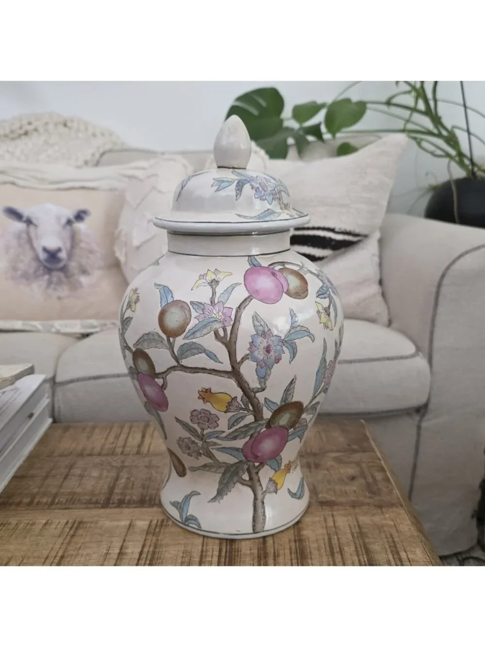 Vintage Chinoiserie Porcelain Ginger Jar Hand Painted Peach Flowers 14.5